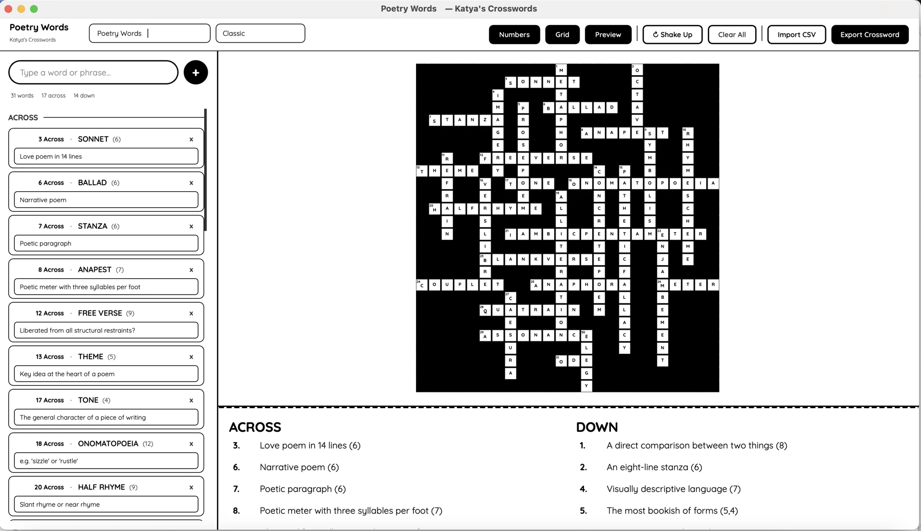 Katya’s Crosswords Mac app, showing the Poetry Words puzzle, editable clues and controls for importing CSV and exporting a crossword